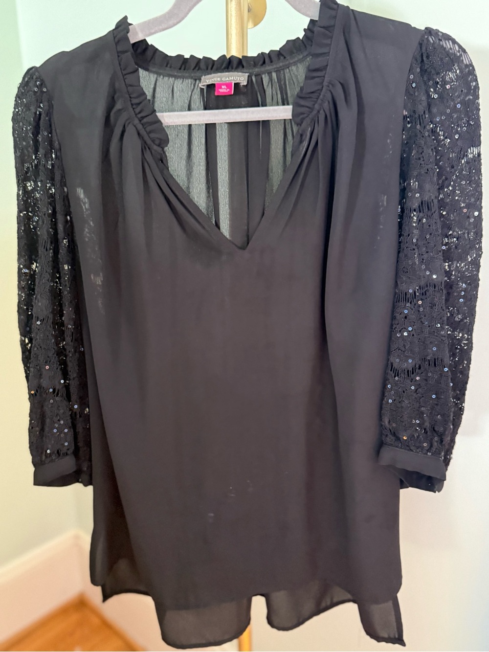 Vince Camuto Black V-Neck Blouse with Sequin Lace Sleeves